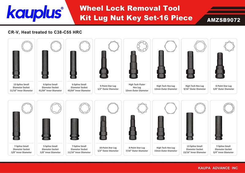 kauplus 16PCS Master Wheel Locking Lug Key Set, Wheel Lock Removal Kit - Image 2